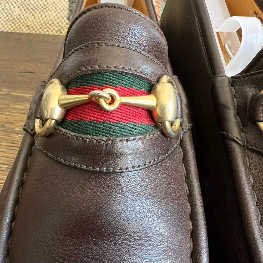 GUCCI Brow Leather Web Detail Horsebit Loafers EU41.5 US8